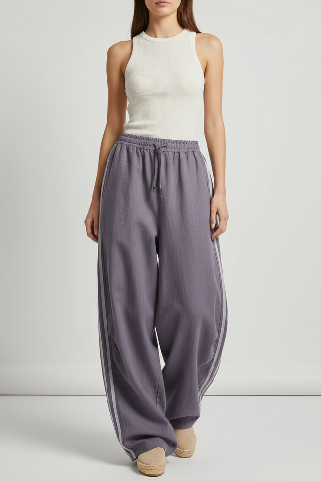 Pantalon Baggy Gris Rayures Ample Décontracté Cordon - Lin
