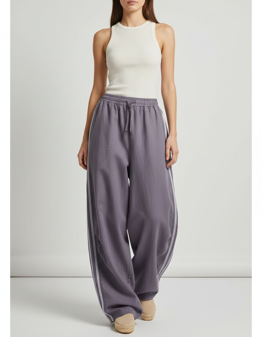 Pantalon Baggy Gris Rayures Ample Décontracté Cordon - Lin