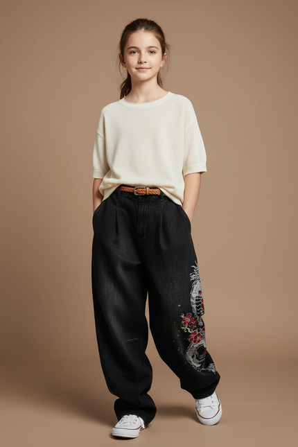 Pantalon Baggy Noir Dragon Imprimé Ample Décontracté Streetwear - Jean