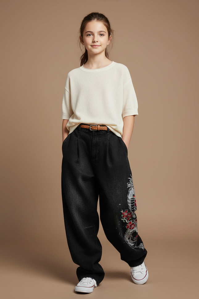 Pantalon Baggy Noir Dragon Imprimé Ample Décontracté Streetwear - Jean