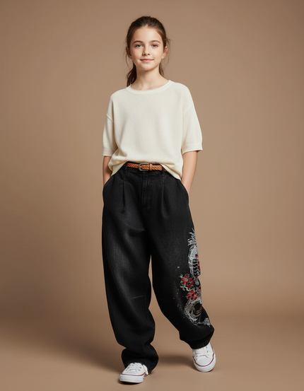 Pantalon Baggy Noir Dragon Imprimé Ample Décontracté Streetwear - Jean