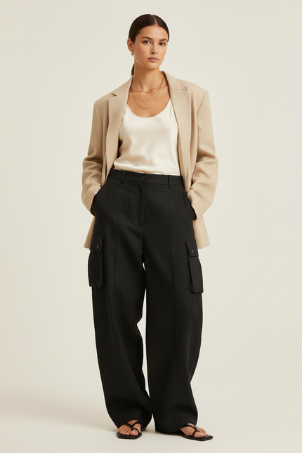 Pantalon Baggy Noir Ample Lin Cargo Femme