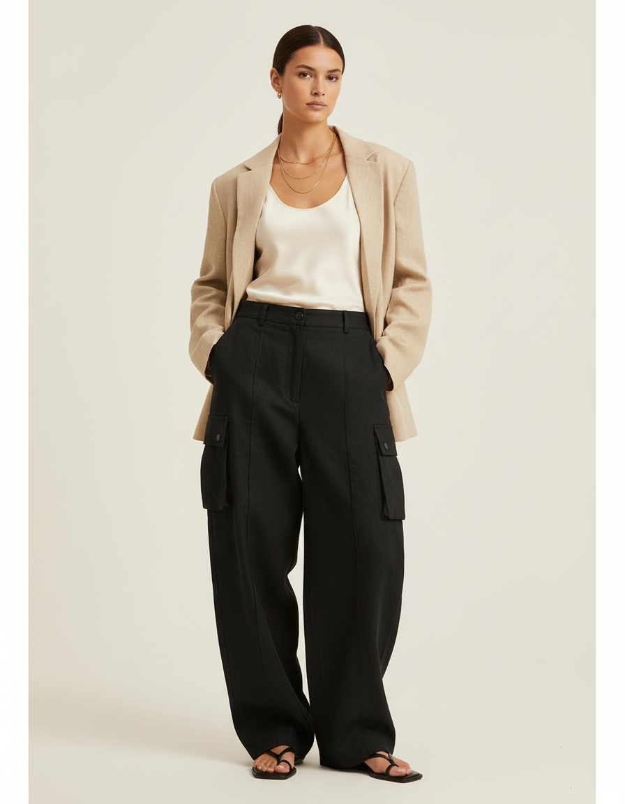 Pantalon Baggy Noir Ample Lin Cargo Femme