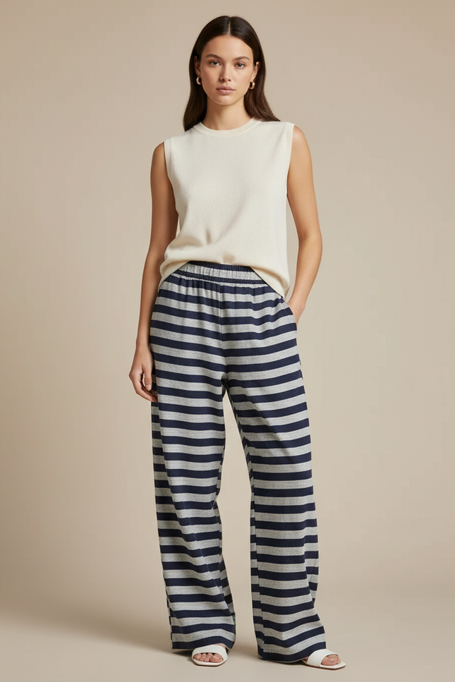 Pantalon Baggy Rayé Bleu Gris Ample Décontracté - Multicolore Molleton
