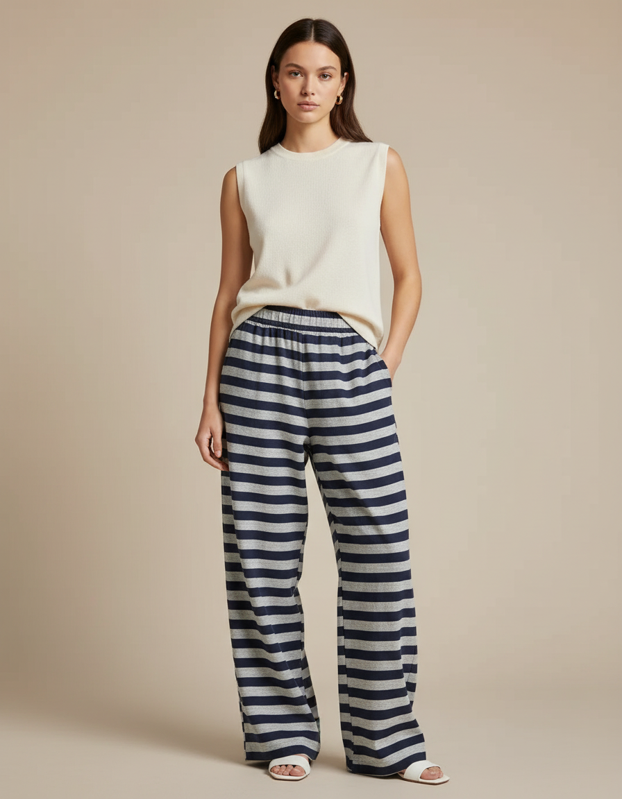Pantalon Baggy Rayé Bleu Gris Ample Décontracté - Multicolore Molleton