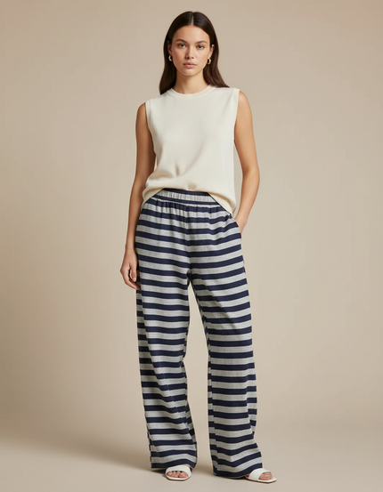 Pantalon Baggy Rayé Bleu Gris Ample Décontracté - Multicolore Molleton