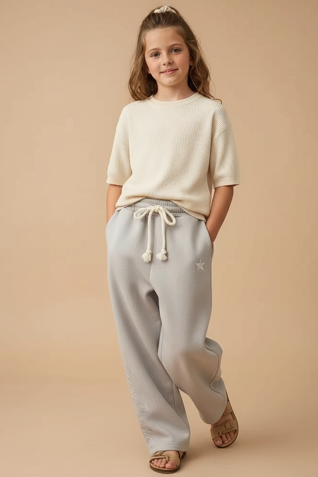 Pantalon Baggy Gris Clair Ample Cordon Étoile Brodé - Molleton