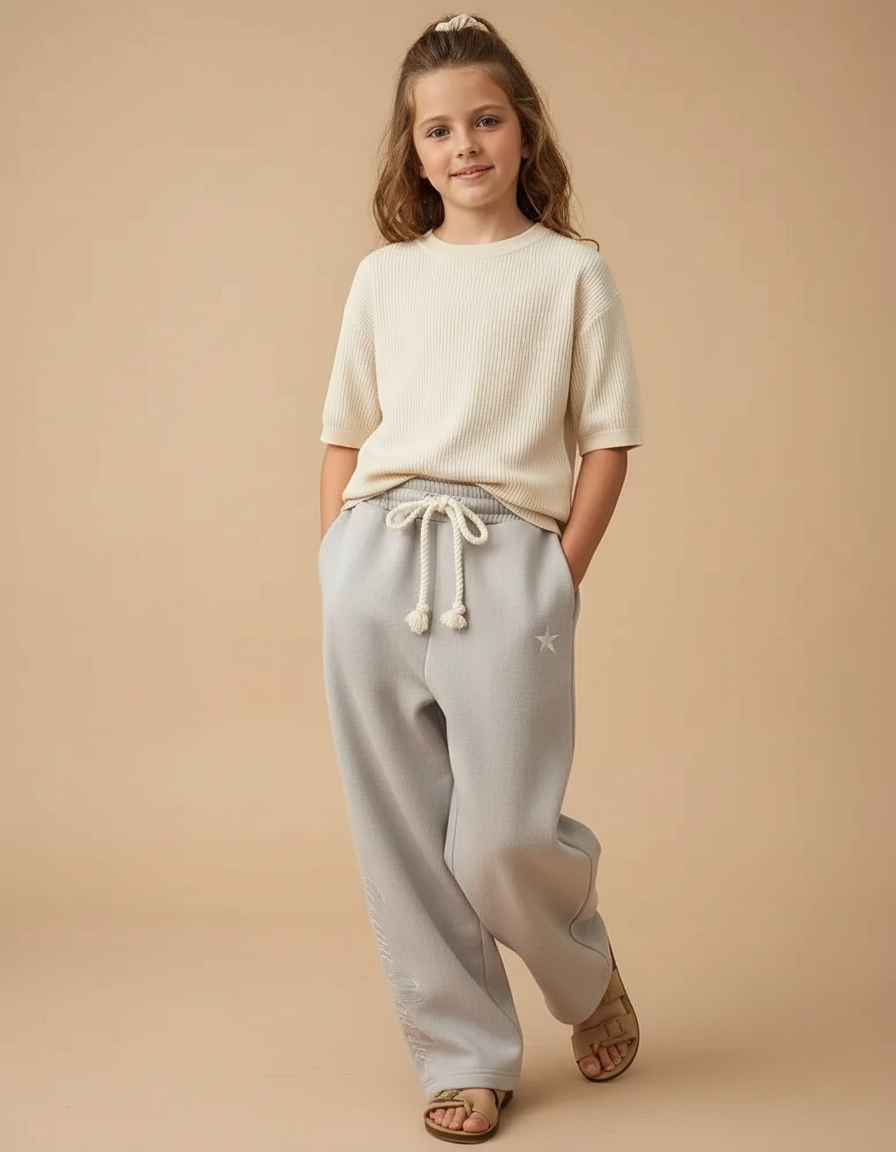 Pantalon Baggy Gris Clair Ample Cordon Étoile Brodé - Molleton