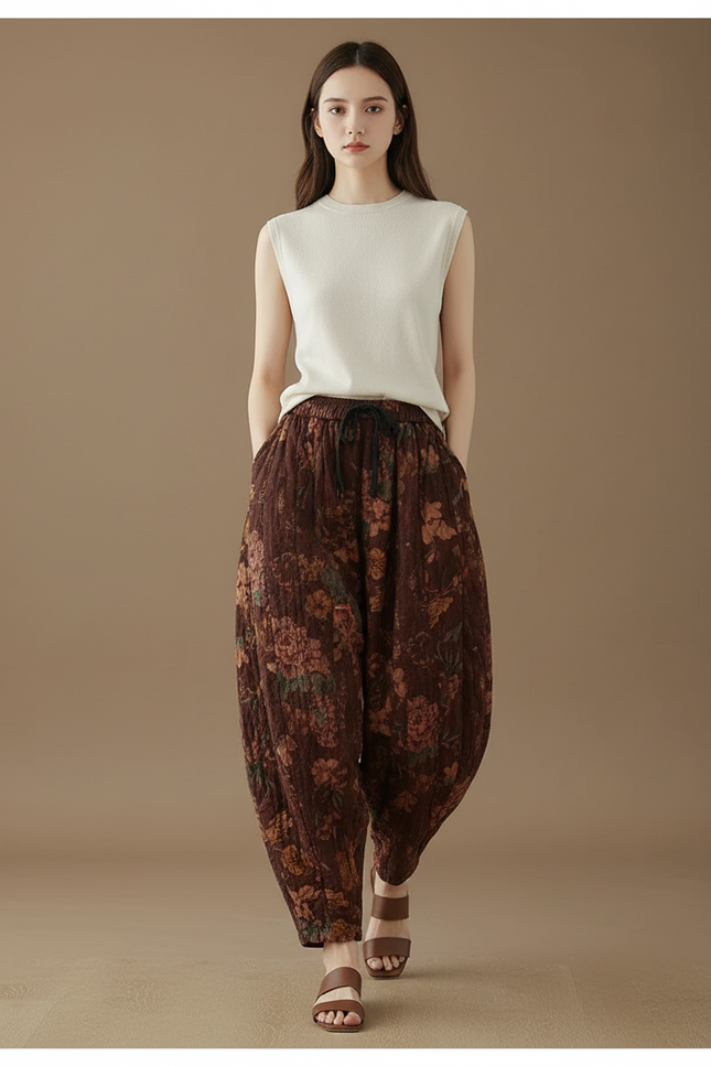 Pantalon Baggy Marron Fleuri Coton Lin Ample Harem