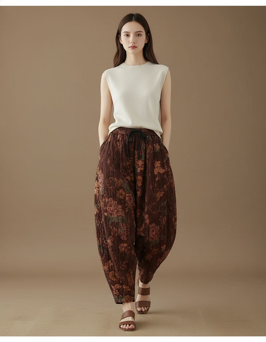 Pantalon Baggy Marron Fleuri Coton Lin Ample Harem