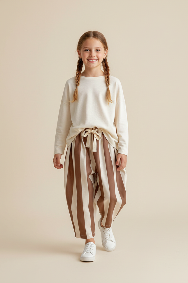 Pantalon Baggy Rayé Marron Blanc Ample Coton Enfant - Multicolore