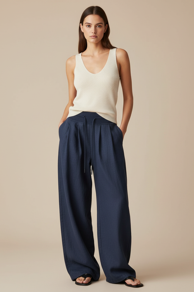 Pantalon Baggy Bleu Marine Fluide Ample Décontracté - Lin