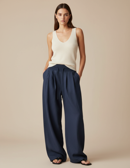 Pantalon Baggy Bleu Marine Fluide Ample Décontracté - Lin