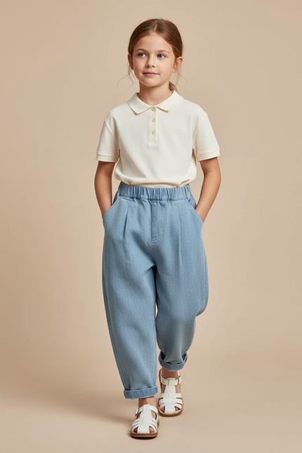 Pantalon Baggy Denim Ample Léger Fille - Bleu Jean