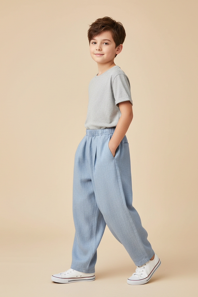 Pantalon Baggy Bleu Clair Ample Plissé Coton Enfant