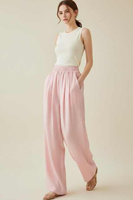 Pantalon Baggy Rose Fluide Ample Taille Haute Femme - Lin