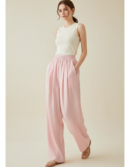 Pantalon Baggy Rose Fluide Ample Taille Haute Femme - Lin