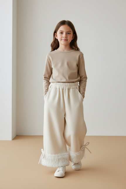 Pantalon Baggy Crème Ample Fourrure Fille Hiver - Beige Molleton