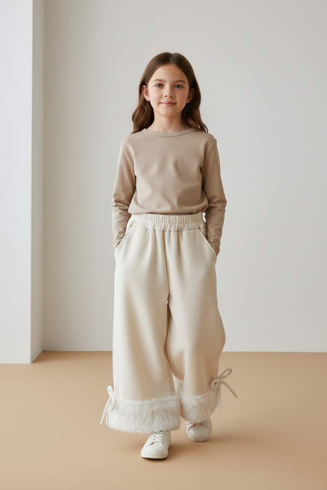 Pantalon Baggy Crème Ample Fourrure Fille Hiver - Beige Molleton