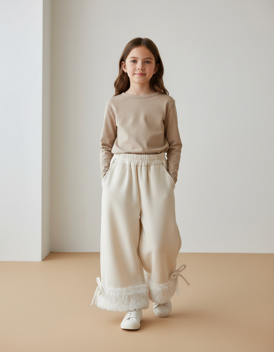 Pantalon Baggy Crème Ample Fourrure Fille Hiver - Beige Molleton