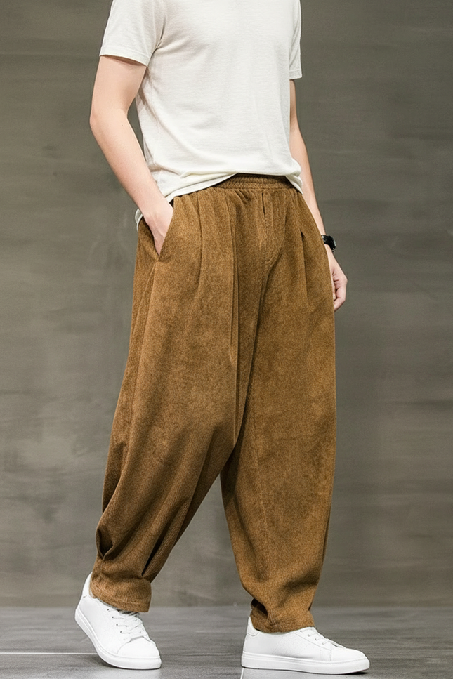 Pantalon Baggy Marron Côtelé Ample Décontracté Hiver - Cordé
