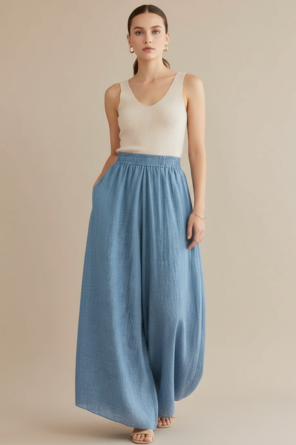 Pantalon Baggy Bleu Ciel Lin Ample Fluide Femme