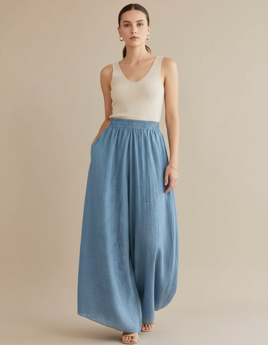 Pantalon Baggy Bleu Ciel Lin Ample Fluide Femme