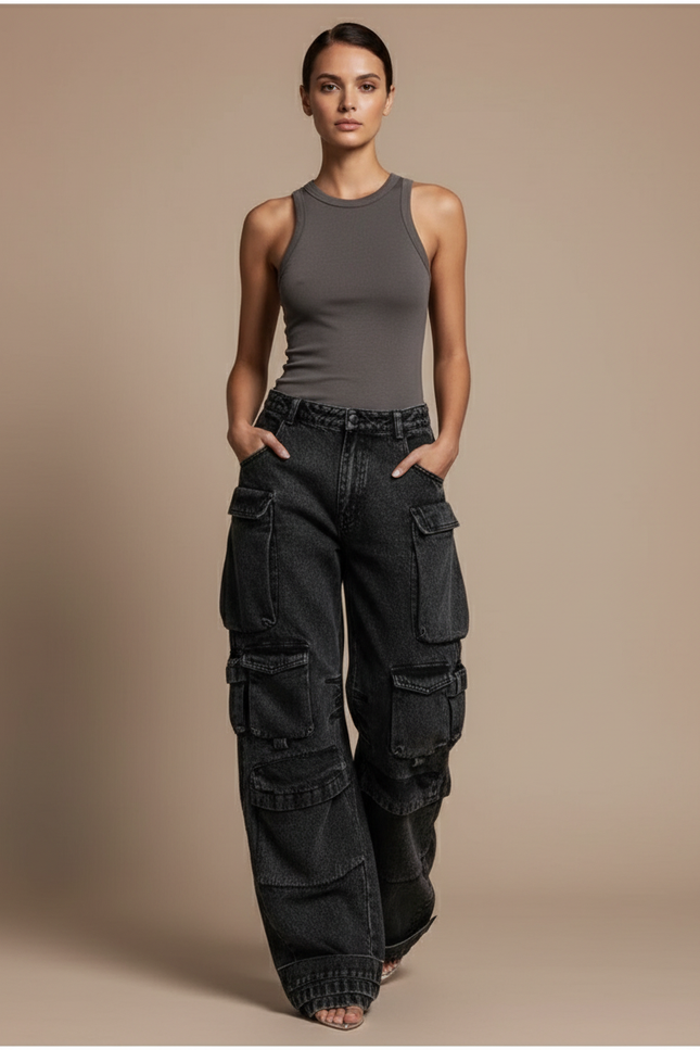 Pantalon Baggy Noir Denim Cargo Multi-Poches Large - Jean