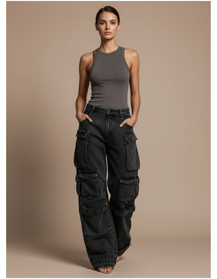 Pantalon Baggy Noir Denim Cargo Multi-Poches Large - Jean