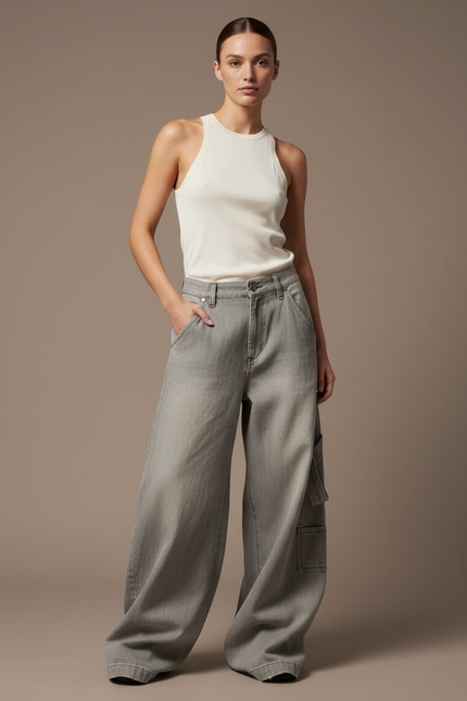 Pantalon Baggy Gris Ample Cargo Taille Haute - Jean