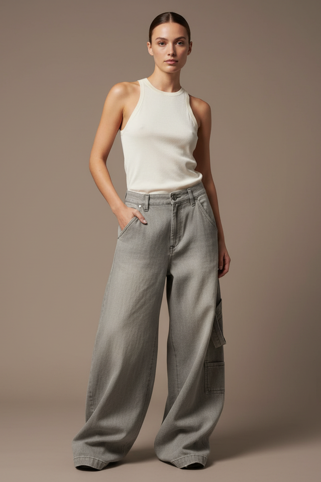 Pantalon Baggy Gris Ample Cargo Taille Haute - Jean