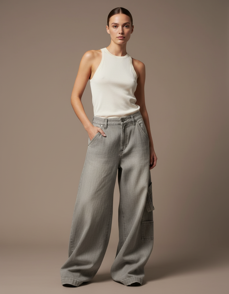 Pantalon Baggy Gris Ample Cargo Taille Haute - Jean