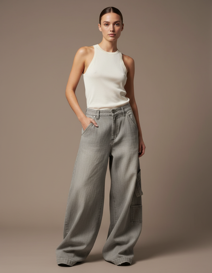 Pantalon Baggy Gris Ample Cargo Taille Haute - Jean