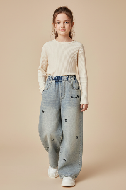 Pantalon Baggy Denim Bleu Nœuds Brodés Fille - Jean