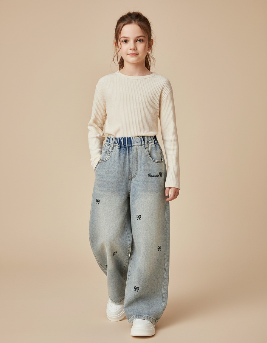 Pantalon Baggy Denim Bleu Nœuds Brodés Fille - Jean