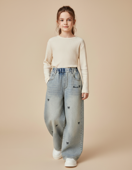 Pantalon Baggy Denim Bleu Nœuds Brodés Fille - Jean