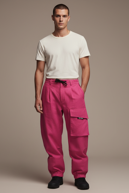 Pantalon Baggy Cargo Rose Vif Ample Coton