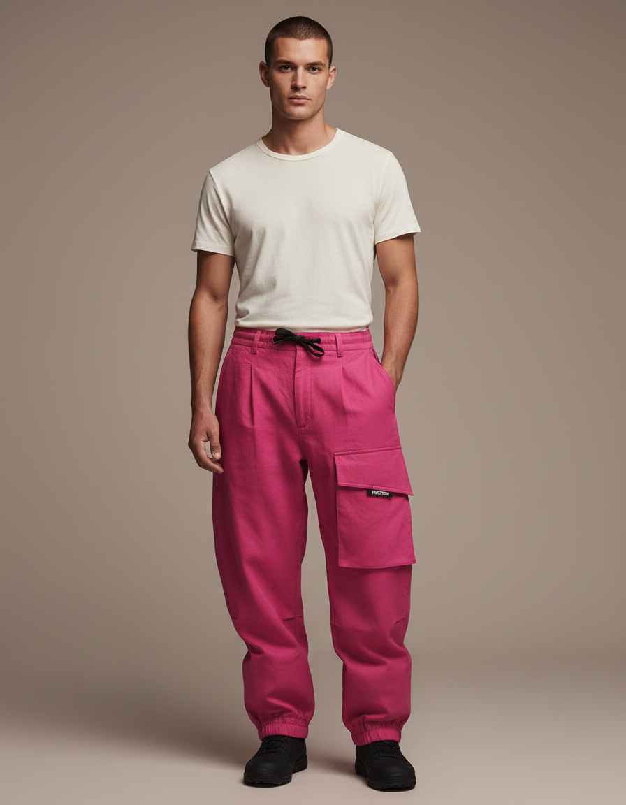 Pantalon Baggy Cargo Rose Vif Ample Coton