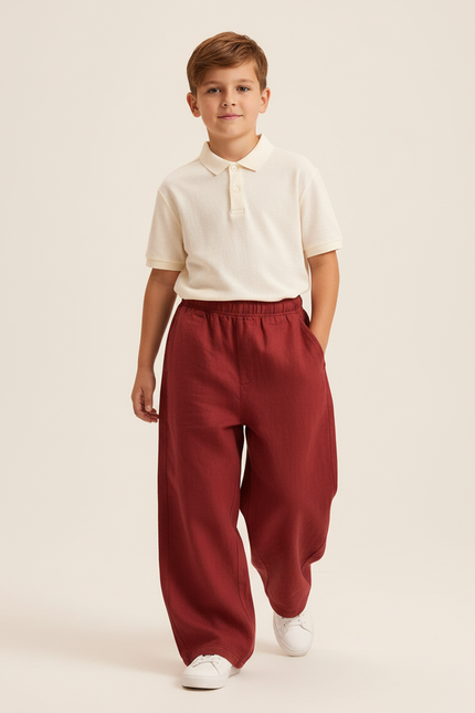 Pantalon Baggy Rouge Lin Ample Garçon Décontracté - Bordeaux