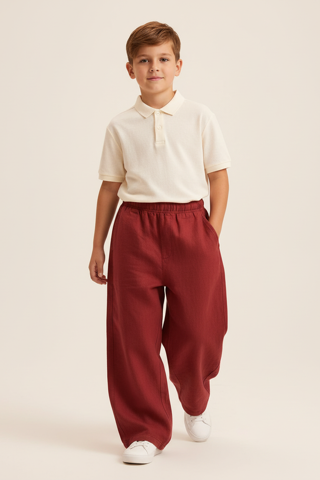 Pantalon Baggy Rouge Lin Ample Garçon Décontracté - Bordeaux