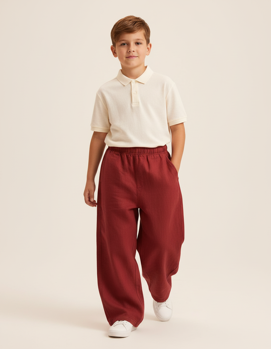 Pantalon Baggy Rouge Lin Ample Garçon Décontracté - Bordeaux