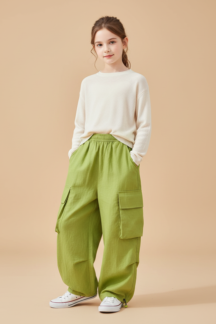 Pantalon Baggy Vert Ample Cargo Enfant Décontracté - Lin