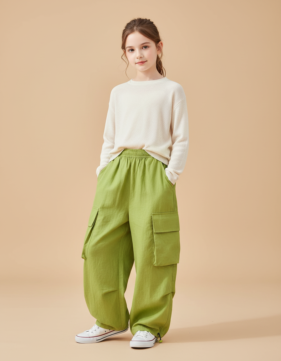 Pantalon Baggy Vert Ample Cargo Enfant Décontracté - Lin