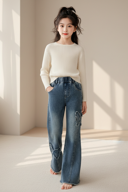 Pantalon Baggy Jean Bleu Ample Papillons Fille