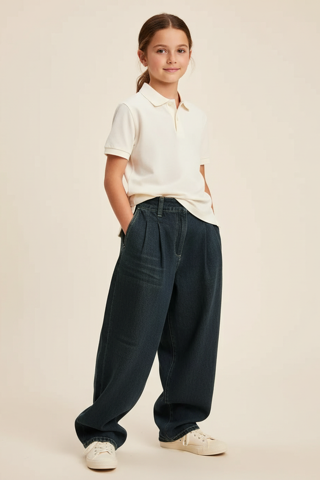 Pantalon Baggy Denim Bleu Ample Plissé Fille - Marine Jean
