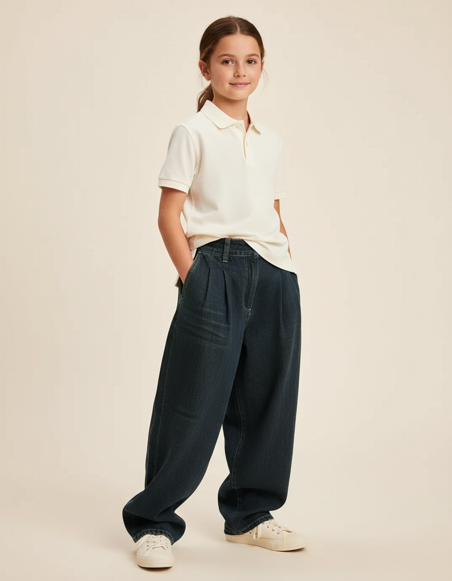 Pantalon Baggy Denim Bleu Ample Plissé Fille - Marine Jean