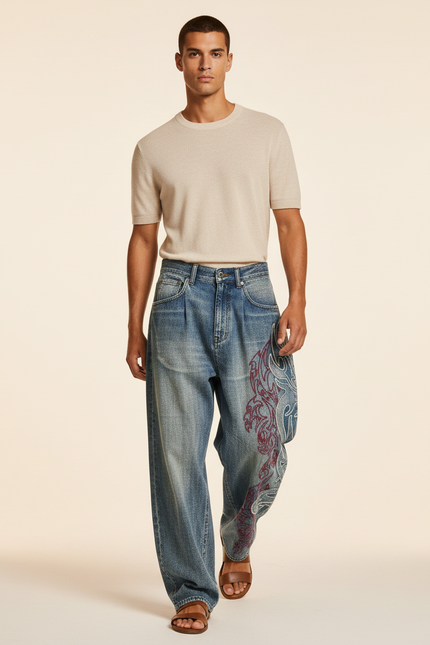 Pantalon Baggy Denim Ample Brodée Vintage Homme - Bleu Jean
