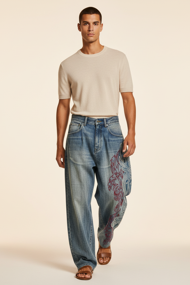 Pantalon Baggy Denim Ample Brodée Vintage Homme - Bleu Jean