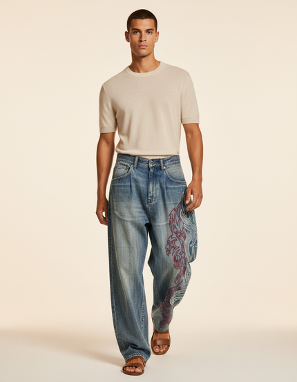 Pantalon Baggy Denim Ample Brodée Vintage Homme - Bleu Jean