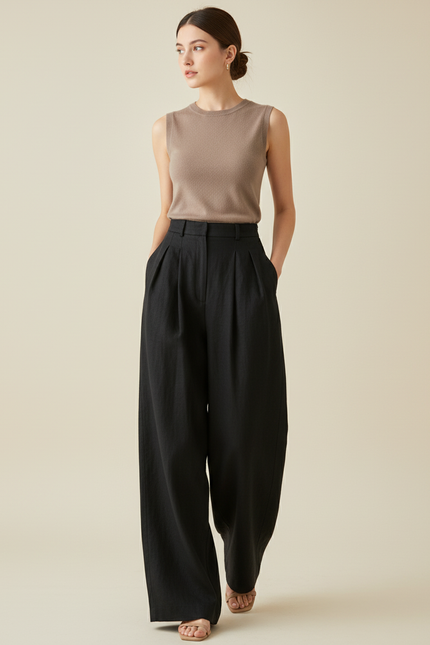 Pantalon Baggy Noir Ample Plissé Décontracté Élégant - Lin